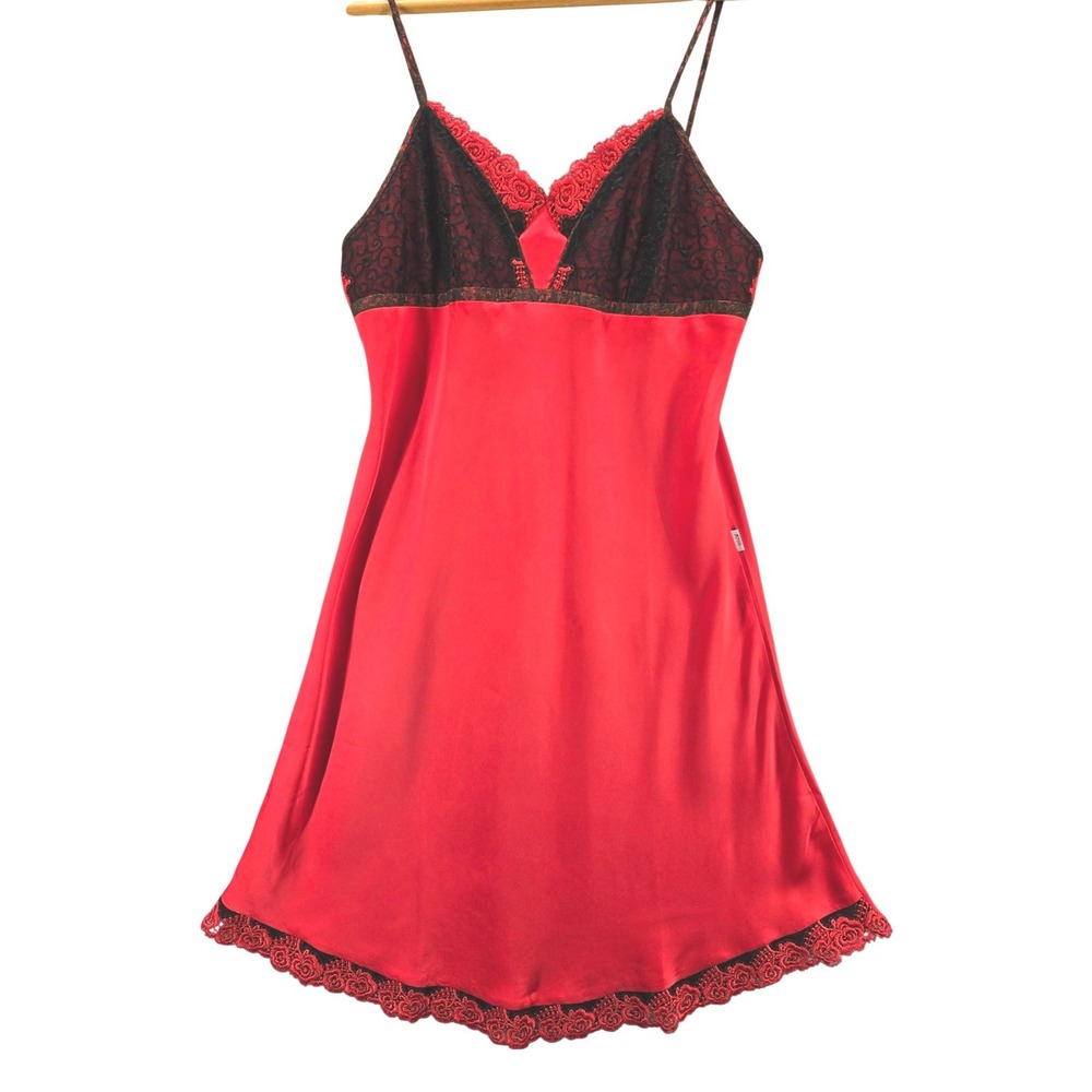 Rosshi Red Satin Lace Trim Chemise Nightgown Floral Embroidery V-Neck Slip Small